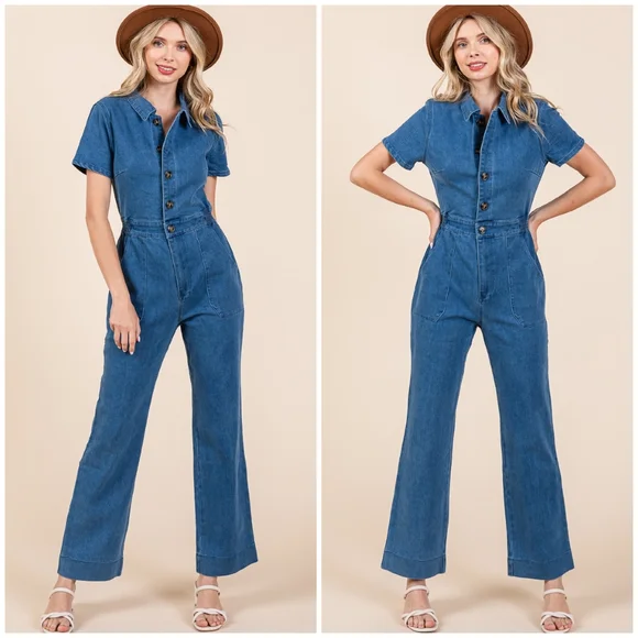 Gorgeous Boho Denim Short Sleeves Jumpsuit - Picture 6 of 11